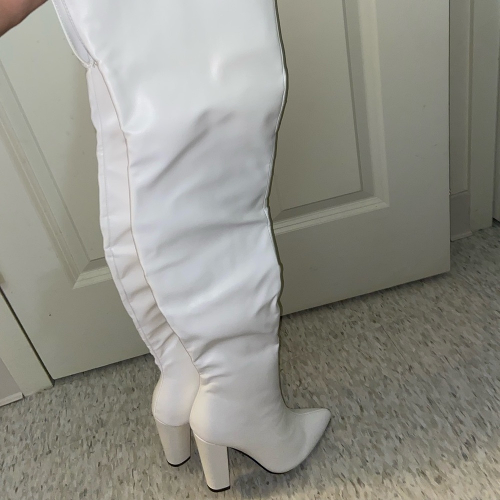 White thigh high boots heel